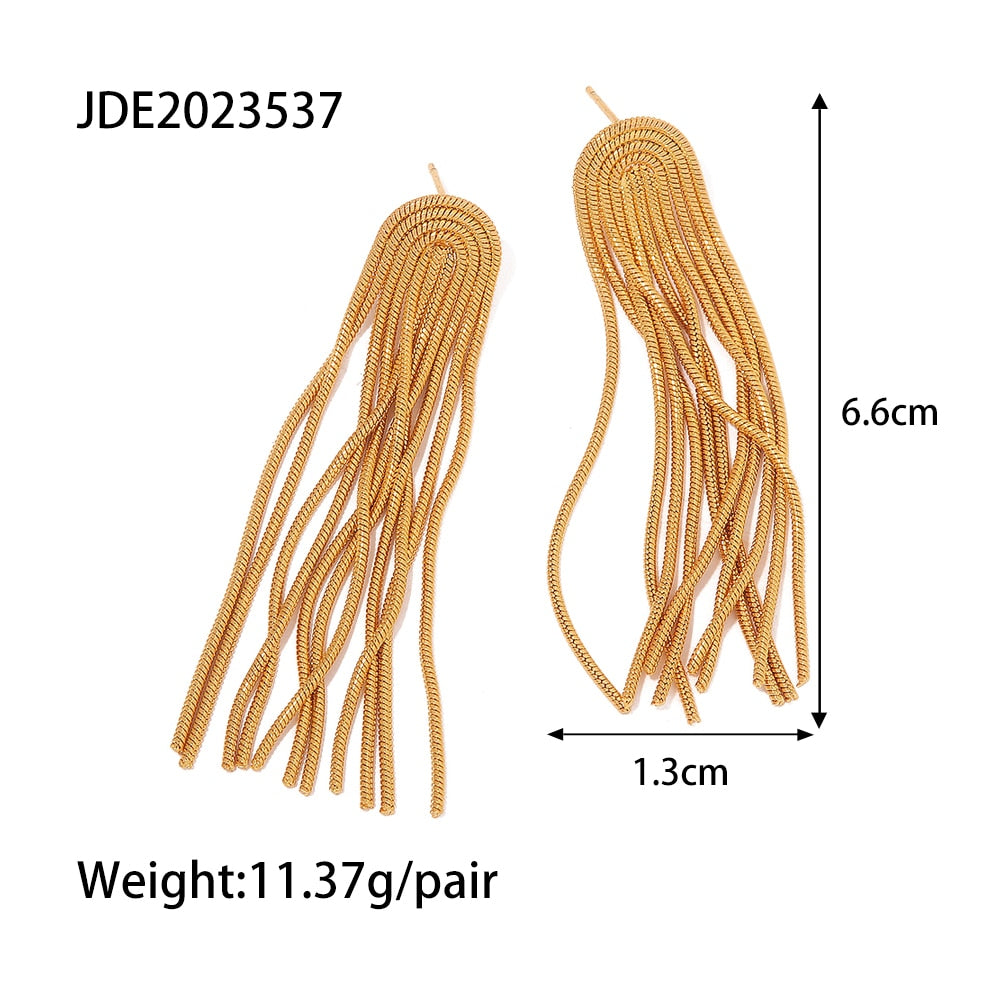 Jewelry Stainless Steel 18K Gold Plated Exaggerated Drop Long Tassel Earring Texture Statement Jewelry Party