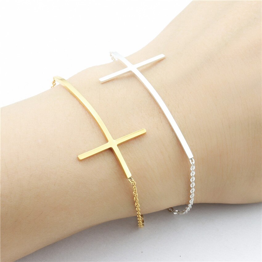 Einfache, lange, gebogene Kreuz-Charm-Armbänder aus Edelstahl