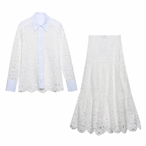 White Lace Dress Set Hollow Out Embrodery Shirt Skirt 2 Pcs Set