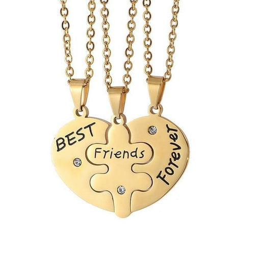 Stainless Steel Puzzle Heart Friendship 3 Pieces Set Necklace 18K Gold