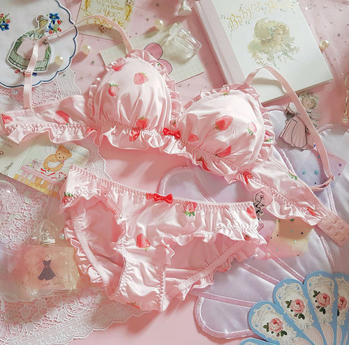 Strawberry Cute Japanese Milk Silk Bra & Panties Set Wirefree Soft