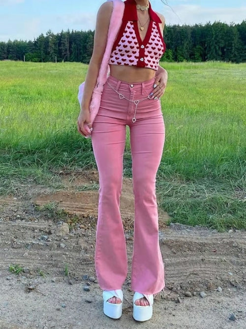 Streetwear Y2k Flared Jeans Damen High Waist 90S Pink Stretch