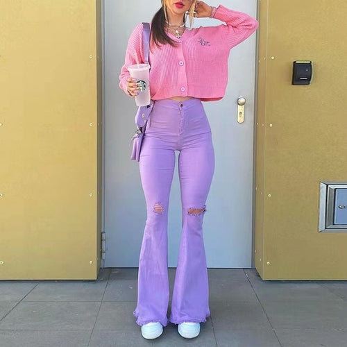 Streetwear Y2k Flared Jeans Women High Waist Purple Stretch