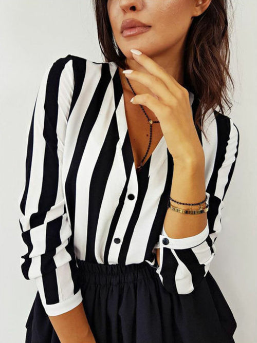 Damen Gestreiftes Hemd Schwarz Weiß Eleganter Knopf mit V-Ausschnitt
