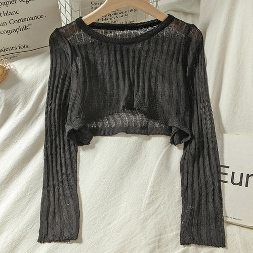 T-shirts Women Summer Long Sleeve Crop Tops Thin Breathable Hollow Out