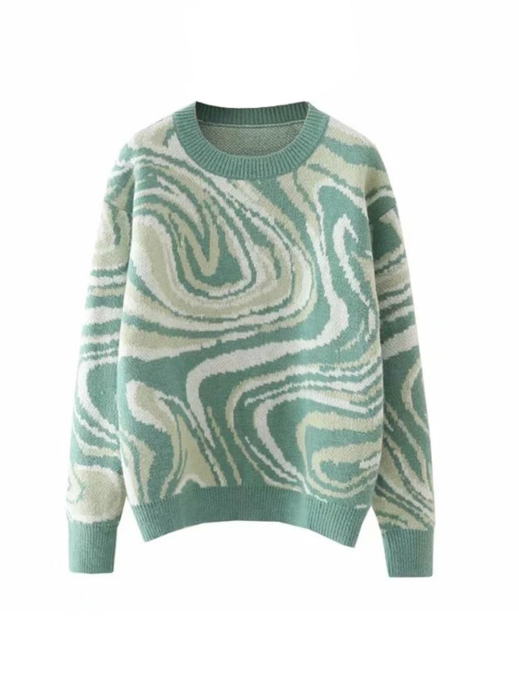 Elegant Green Tie Dye Knitted Sweater and Pullovers Women Winter Long Sleeve Warm Ribbed Jumper Female Slim Top