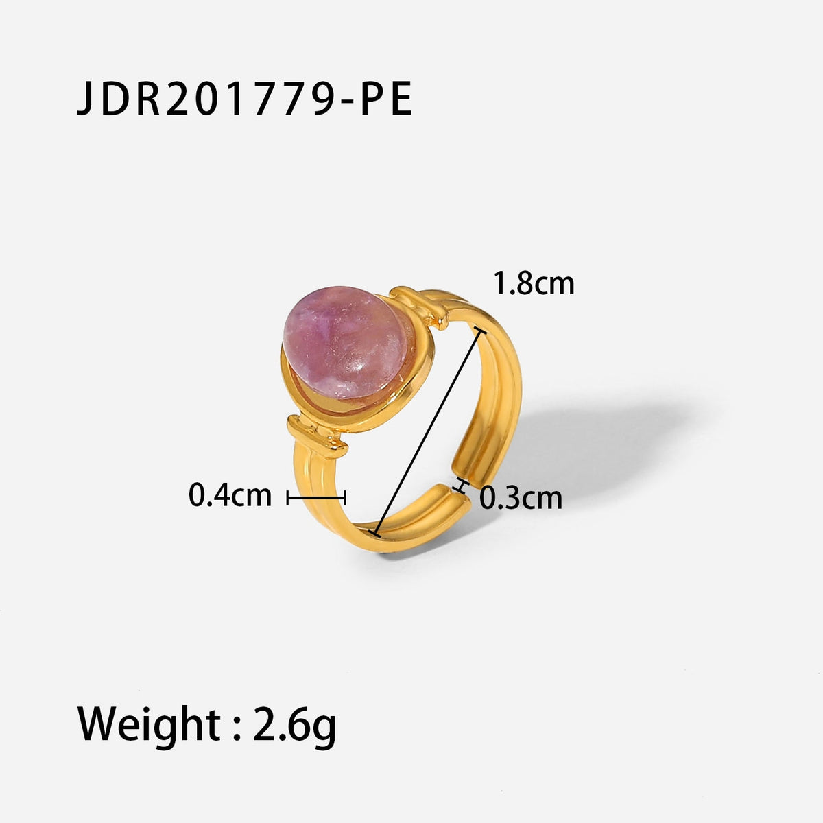Natural Amethyst Stone Agate Geometric Ellipse Open Ring Stainless Steel Fashion Trendy Waterproof Jewelry