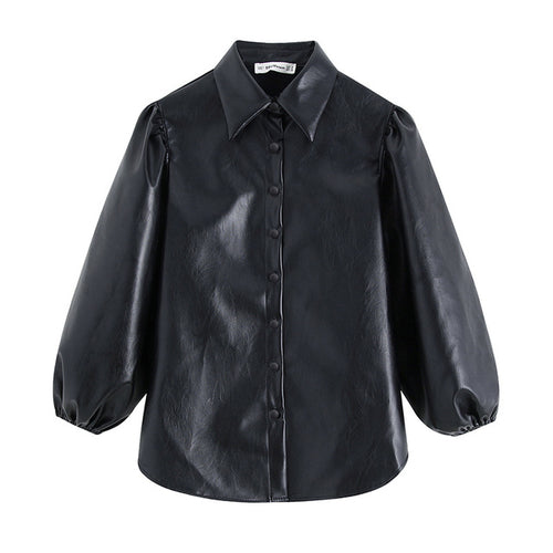 Vintage Black PU Faux Leather Blouse Shirt Women