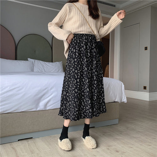 Vintage Floral Print A-line Pleated Long Skirts Women