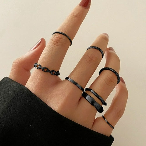Vintage Gothic Black Rings Set For Women Girls Geometric Retro Metal