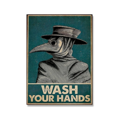Vintage Poster Plague Doctor Wash Your Hand Sign Public Health Retro