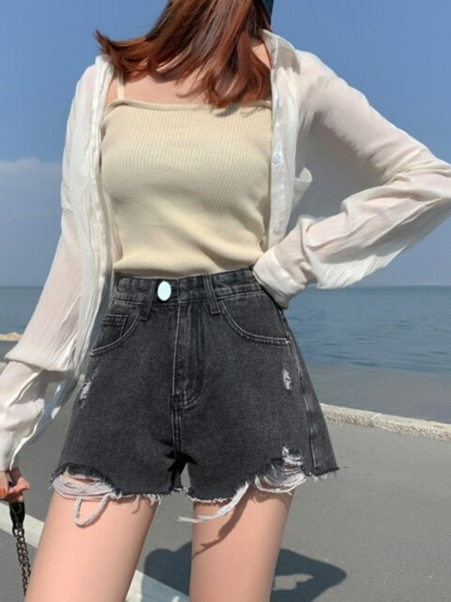 Vintage Ripped Jeans Shorts Novedad de verano para mujer en cintura alta Slim