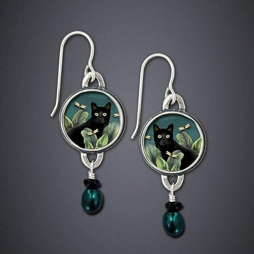 Vintage Round Black Cat Earrings For Women Ethnic Antique Silver Color