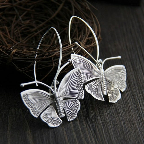 Vintage Silver Color Butterfly Earrings Ancient Metal Hand Carved Big