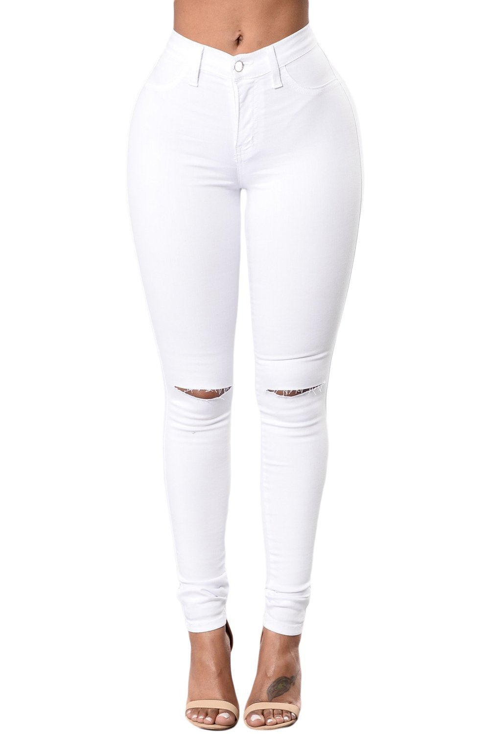 Pantalones de mezclilla con abertura en la rodilla blanca de moda