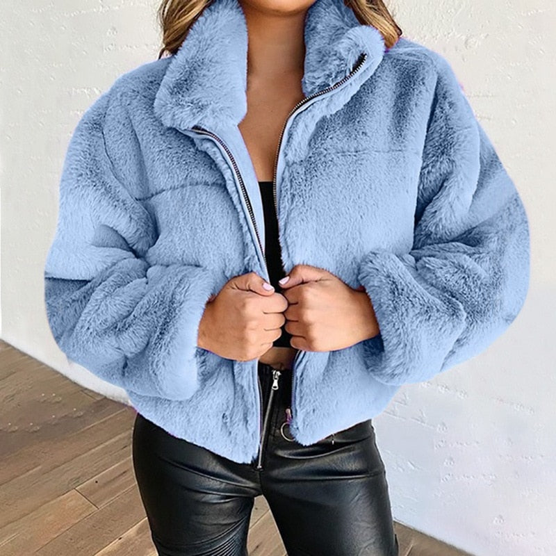 Winter Warm Jacket Women Long Sleeve Zipper Coat Solid Stand Up Collar