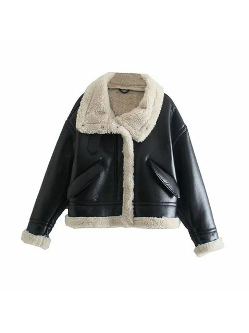 Winter Women Streetwear Faux Lamb Leather Fur Lapel Crop Jacket