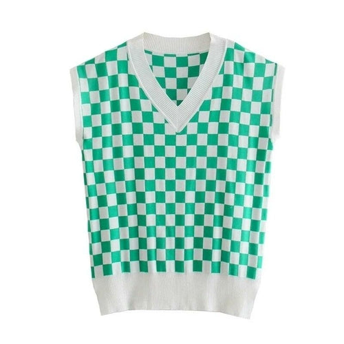 Casual Green Plaid Knitted Vest