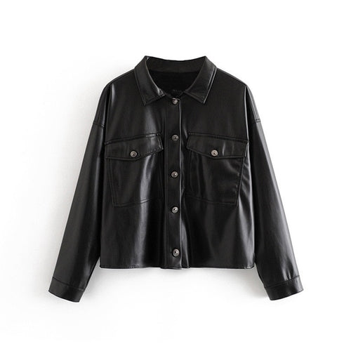 Women Black Faux Leather Coat Jacket Autumn