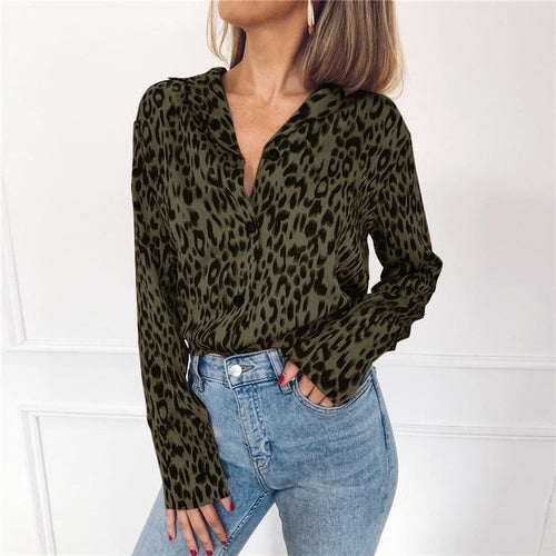 Frauen Blusen Vintage Leopard Bluse lang