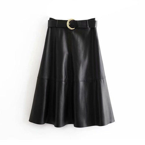 Women Chic PU Faux Leather Skirt With Belt Elegant