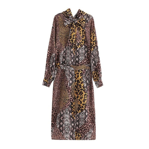 Vestido largo de satén con estampado de leopardo para mujer con lazo