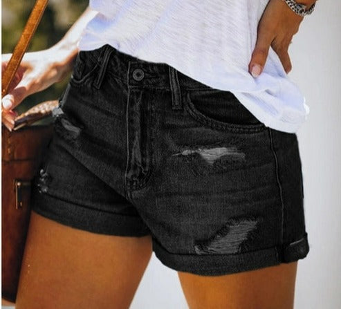 Women Ripped High Waisted Rolled Denim Shorts Vintage Hole