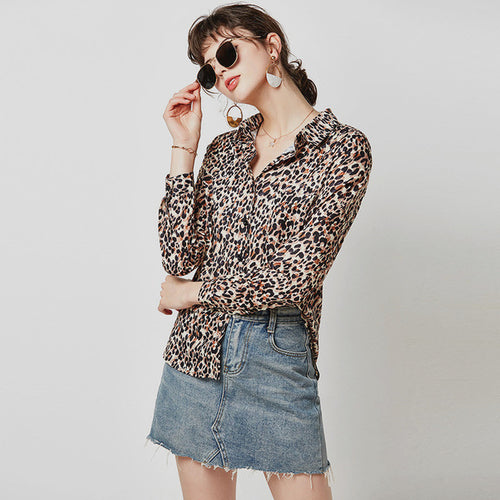 Women Leopard Blouse Vintage Turn Down Collar