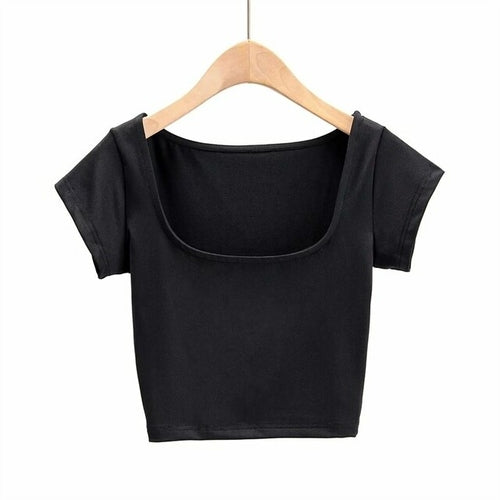 Women Petite Cap Sleeve Square Neck Crop T shirt|T-Shirts|