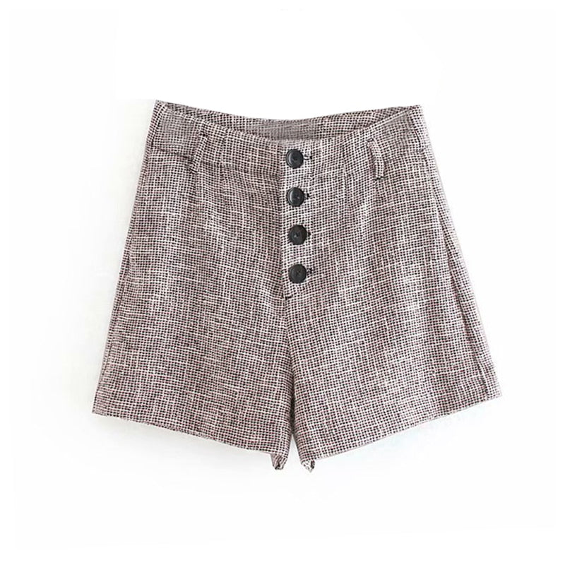 Minipantalones cortos de tweed para mujer, cintura alta con botones elegantes