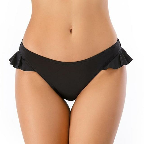 Women Vintage Ruffled Low Waist Black Bikini Bottom Sexy Ruched