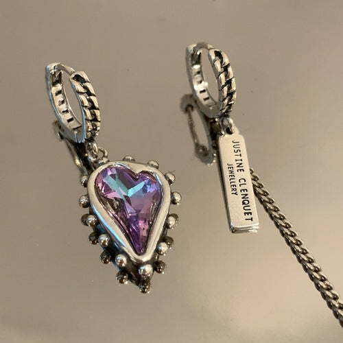 Vintage Purple Crystal Heart Ssymmetrical Drop Dangle Hoop
