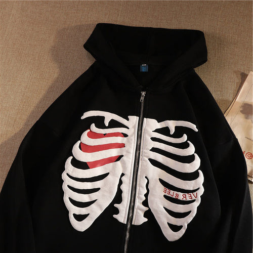 Y2k Harajuku Korean Style Loose Skeleton Zip Up Hoodie Goth Grunge