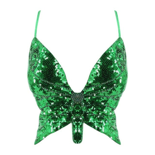 Y2k Butterfly Sequin Crop Top Women Summer Backless V Neck Sexy Club