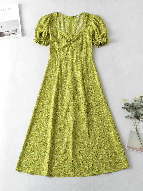 Vintage hohe Taille grün Blumendruck Kurzarm Kleid