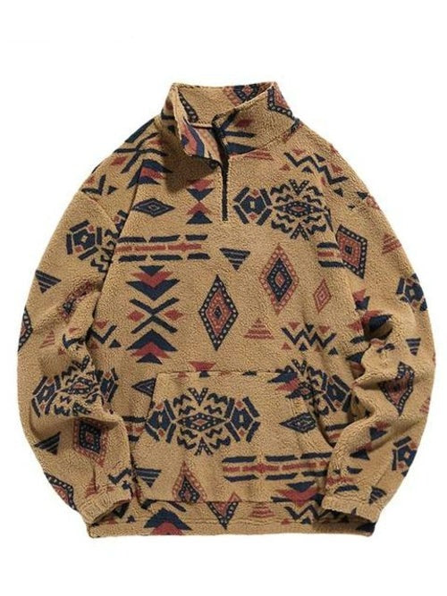 Hoodie For Men Fuzzy Faux Sherpa Zipper Sweatshirts Ethnic Print