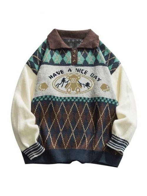 Men's Sweater Bear Geometric Pattern Buttons Sweaters Ethnic