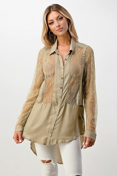 100% Silk Lace Panel Tunic Shirt Top
