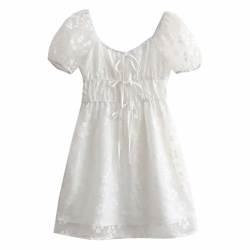 Retro Vintage Short Puff Sleeve White Tulle Organza Mini Dress