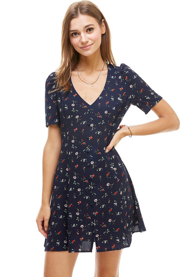 Ditsy Floral Print Button Front Skater Dress