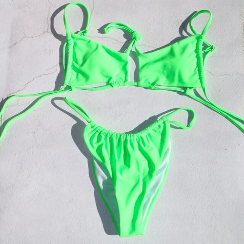 Bikinis Set Swim Neon Green Swimwear Wire Free Swimming Women