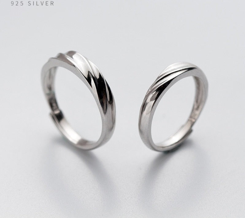 Romantic Sterling Silver 925 A Pair Couple Rings for Men Women Open adjustable Geometric Oblique Lines Ring Fine Jewelry