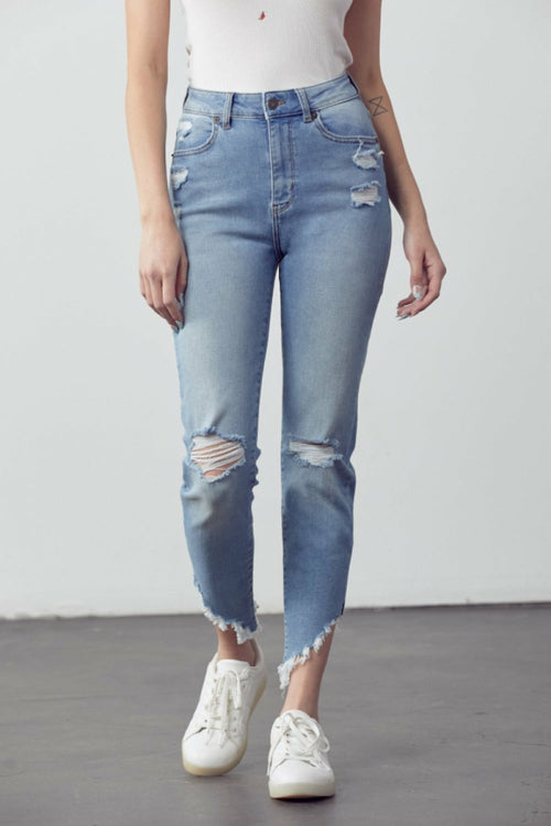 Muselooks Distressed Asymmetrical Raw Hem Skinny Jeans