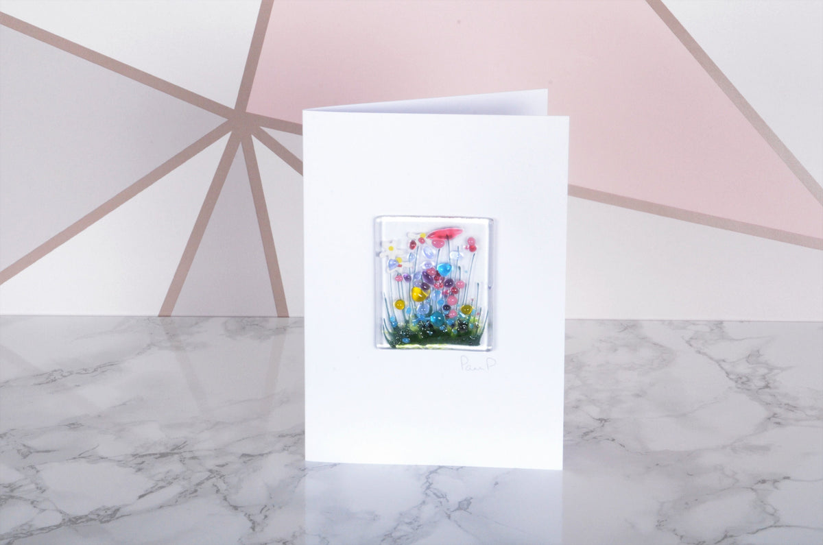 Handgemachte Kunst aus geschmolzenem Glas – Karten – Wildblumen, Kornblumen, Blühen, Veilchen, Narzissen, Gänseblümchen, Gerbera, Mohn, Muttertag am Strand