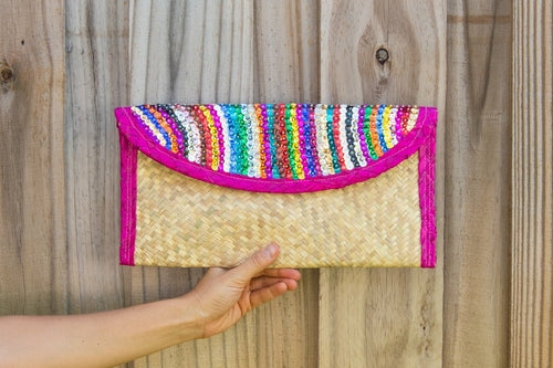 Straw Clutch Bag with Sequin Stripes, Pink Trim