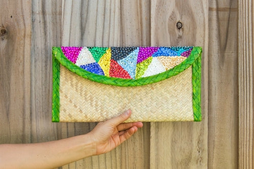 Straw Clutch Bag Embroidered With Colorful Sequin. Triangles with