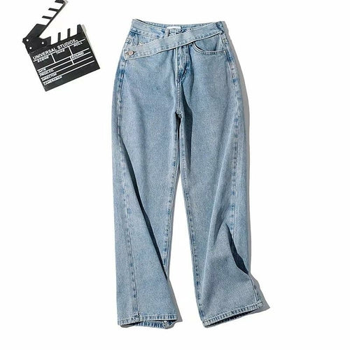 Women's Fake Belt Jeans Buttons straight Pants High Street Denim Loose
