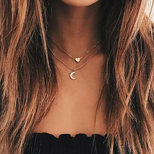 Zweilagige Halskette mit Mond und Herz