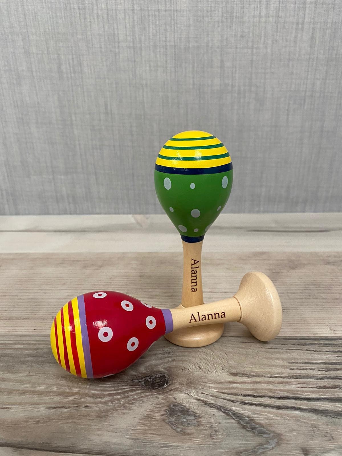 Personalised Wooden Maraca - Engraved Baby Toy - Red or Green - Rattle - Babyshower - First Birthday - Easter - Christening - Page Boy