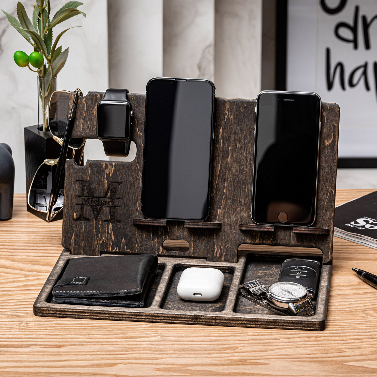 Personalized Phone Charging Docking Station, Desk Organizer for iPhone and Android, Christmas Gift, Modern Design, Gift for Men